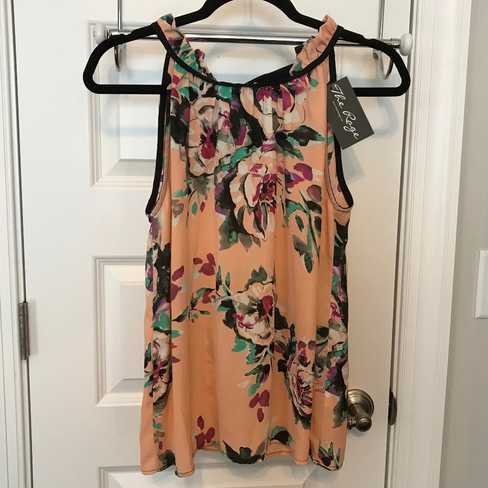 NWT Lila Clothing Co. peach floral sleeveless blouse, ruffled neckline, bow (S)